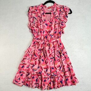 &merci Pink Floral Tiered Mini Dress Small Ruffle Belted Boho Rayon
